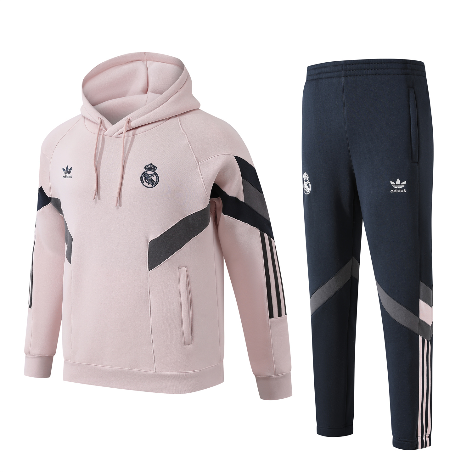 Real Madrid 24-25 Fleece-Lined Training Hoodie Set - Light Pink Hoodie and Deep Grey Pants - JerseysGala