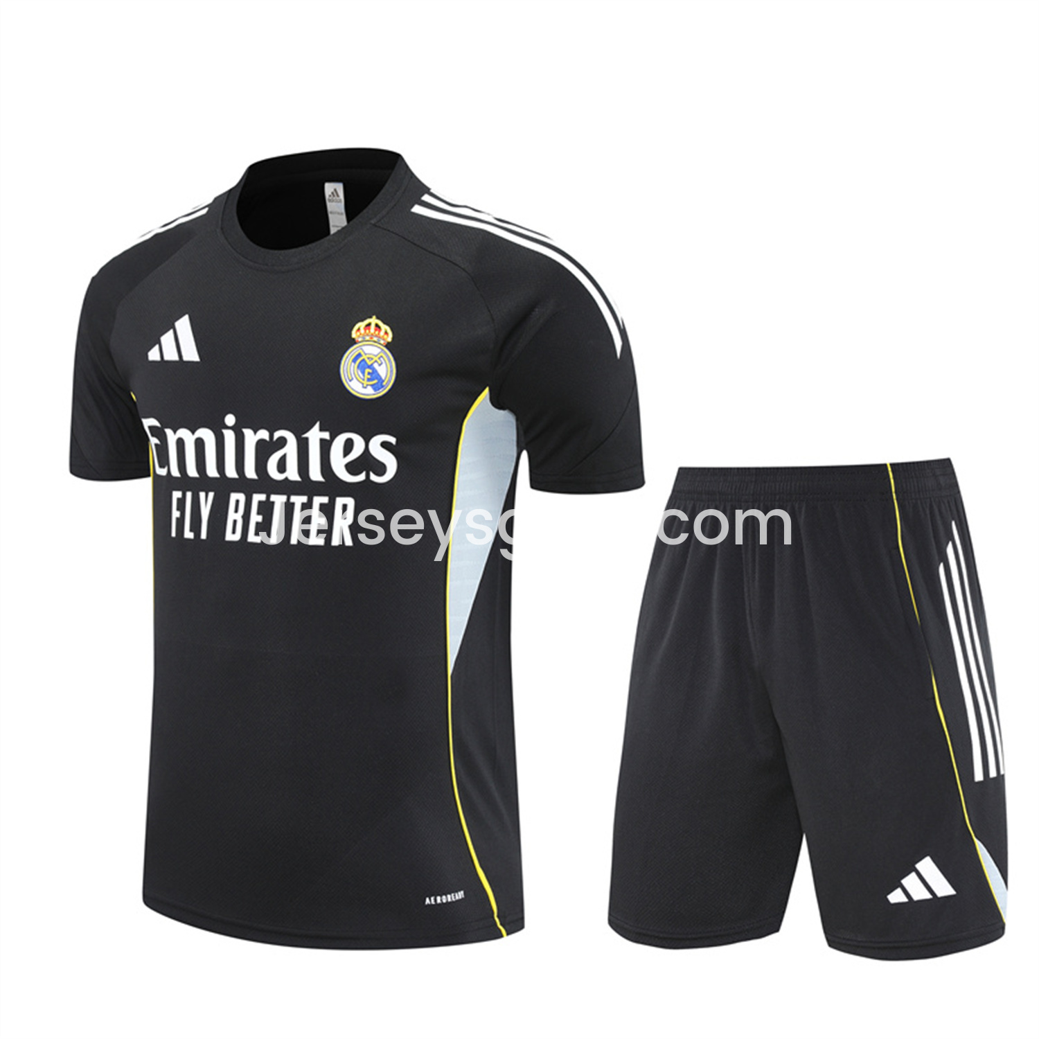 Real Madrid 25-26 Kids Short-Sleeve Training Set - Yellow Line Black Top and Black Shorts - JerseysGala
