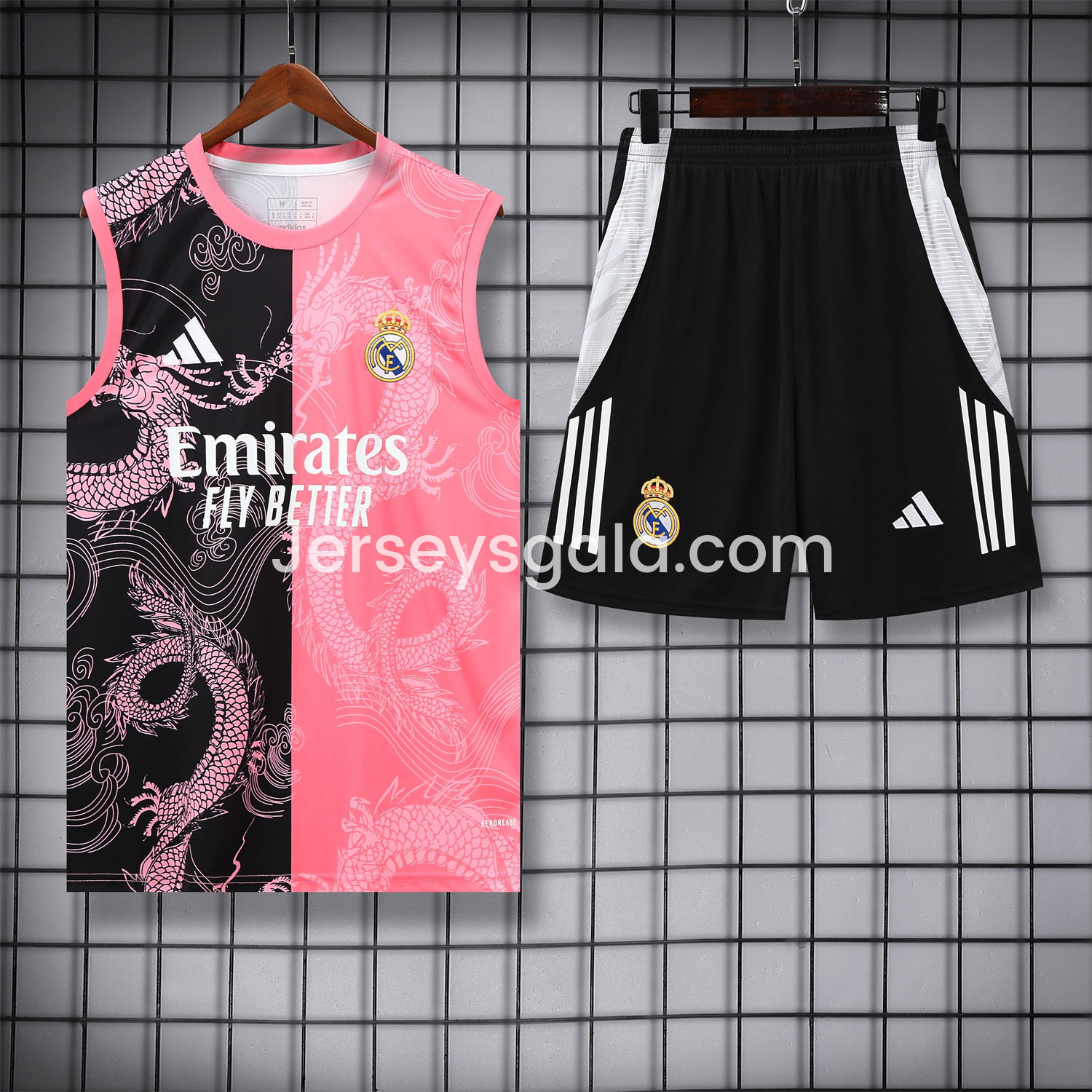 Real Madrid 25-26 Vest Training Set - Pink-Black Dragon Vest & Black-White Shorts - JerseysGala