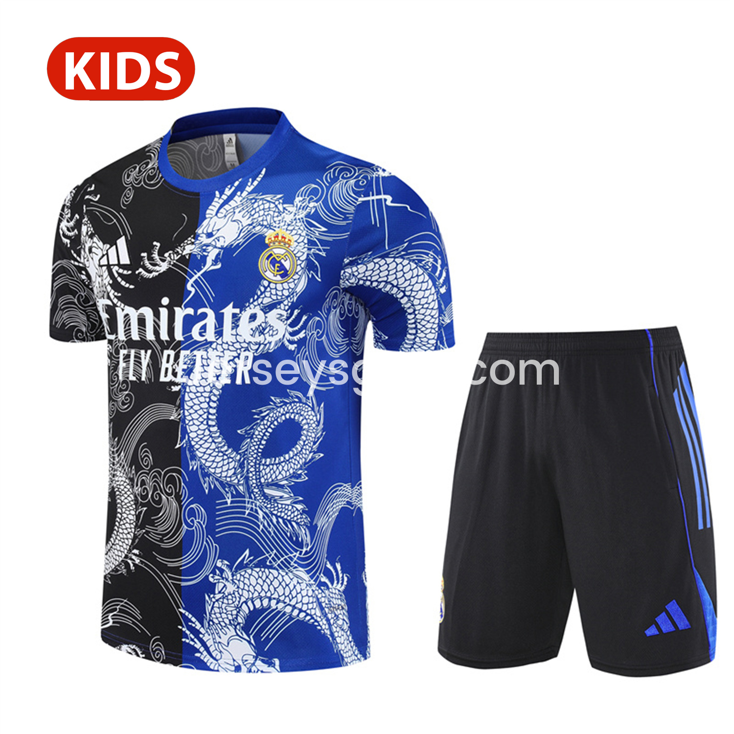 Real Madrid 25-26 Kid Short-Sleeve Training Set - Blue Black Dragon Top & Black Shorts - JerseysGala