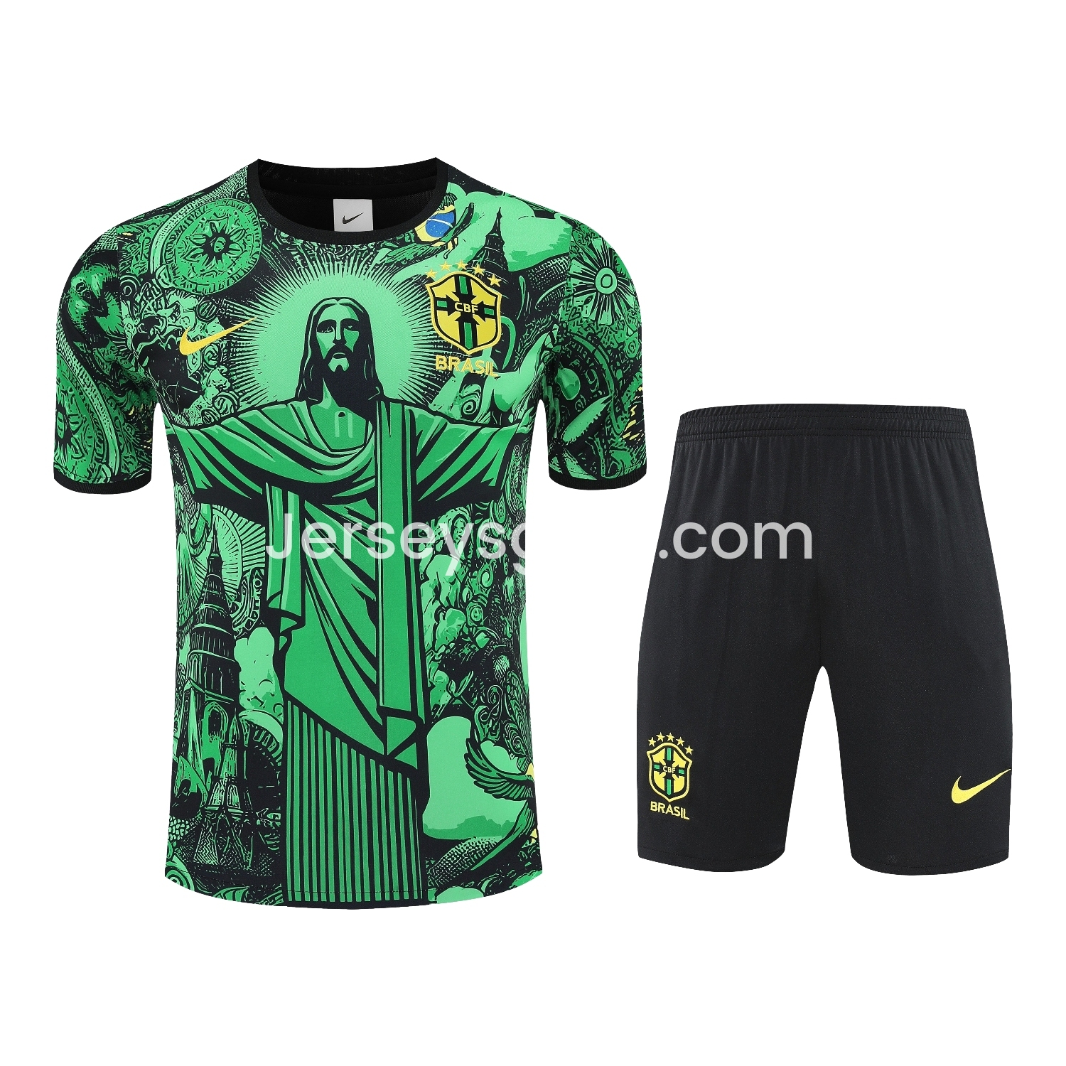 Brazil 25-26 Green Jesus Statue Short-Sleeve Training Set - Green Top & Black Shorts - JerseysGala