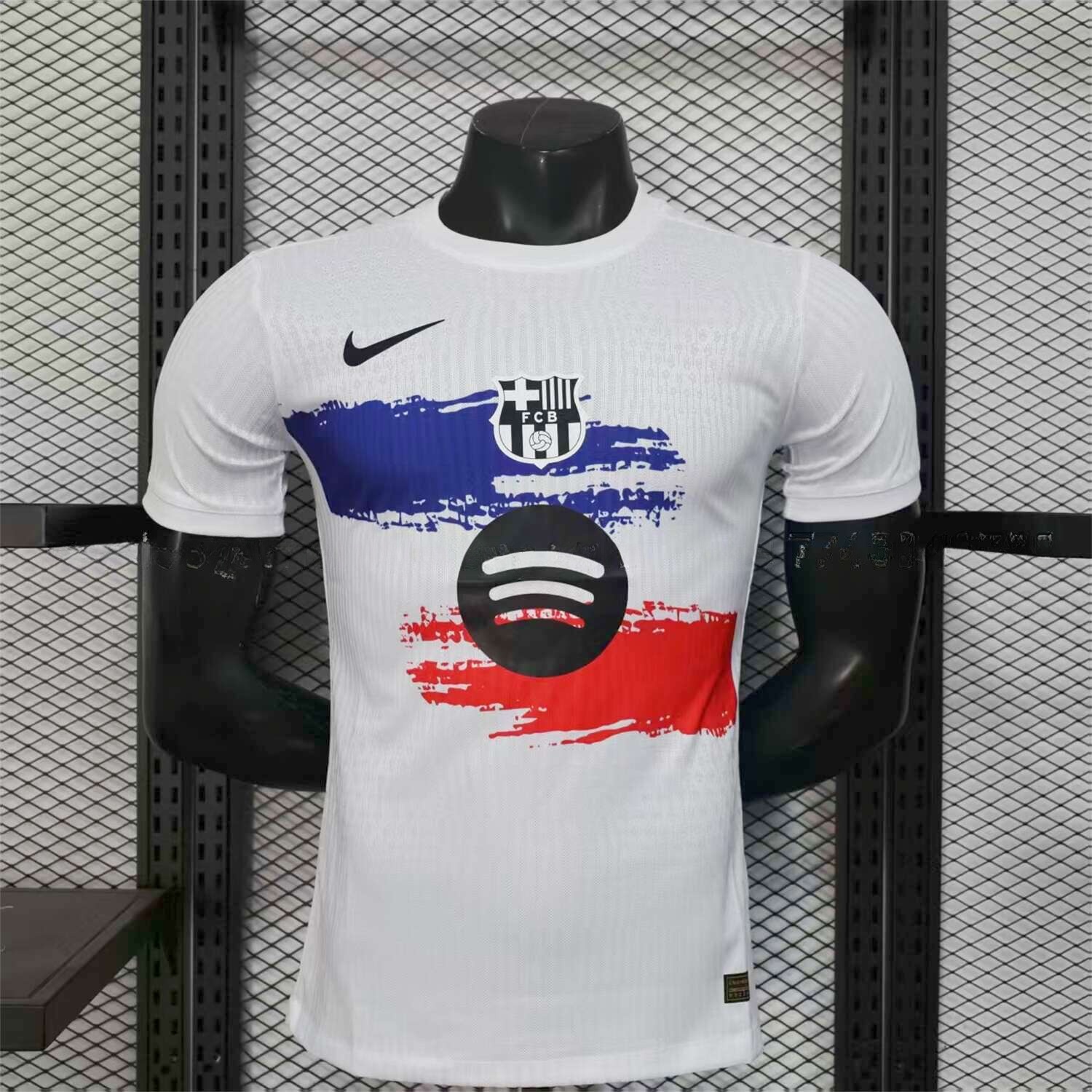 B.A.R.S.A 25-26 White Jersey with Red Blue Ink Horizontal Stripes Jersey - Player Version - JerseysGala
