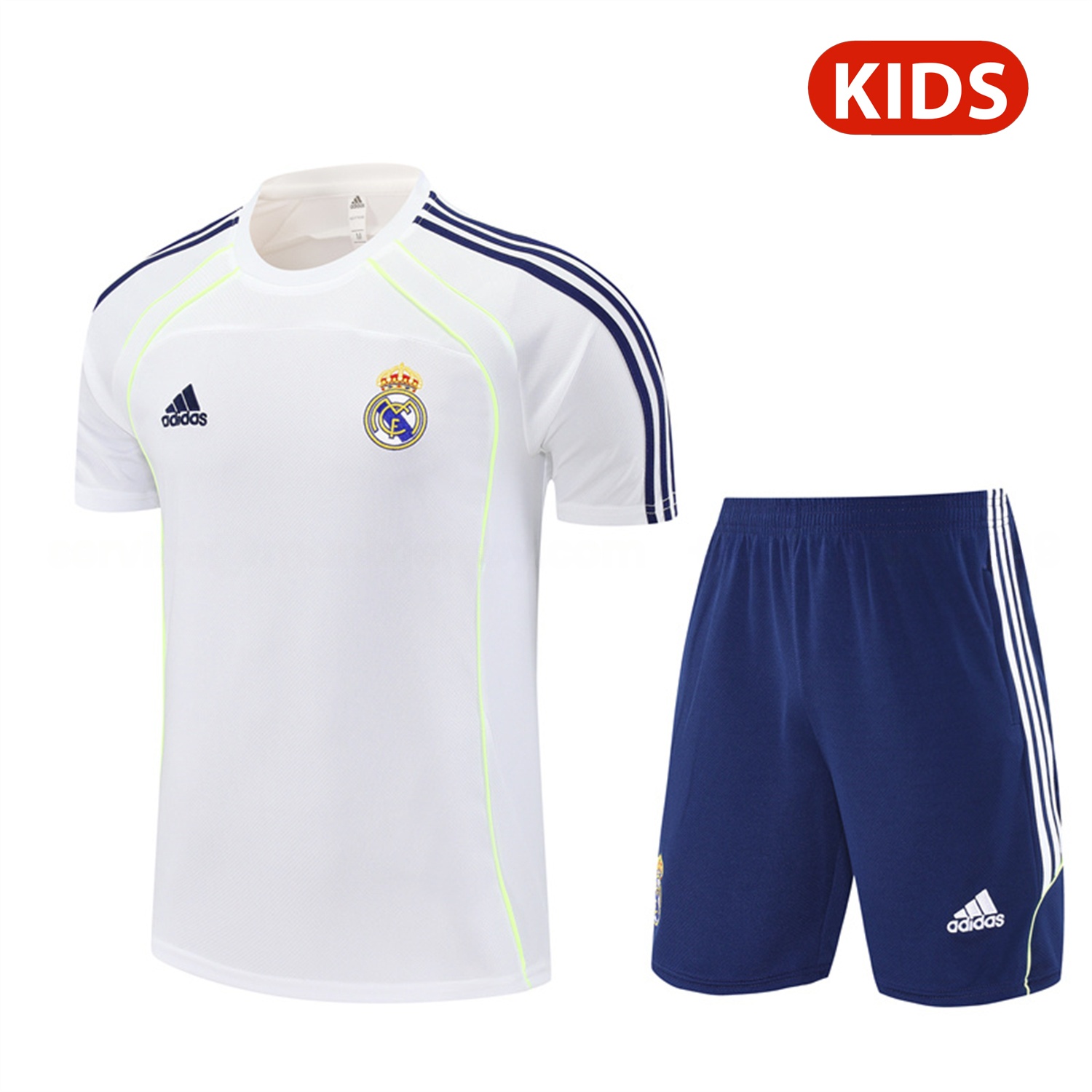 Real Madrid 25-26 Kids Short-Sleeve Training Set - White Urban Purist Style Top and Blue Shorts - JerseysGala